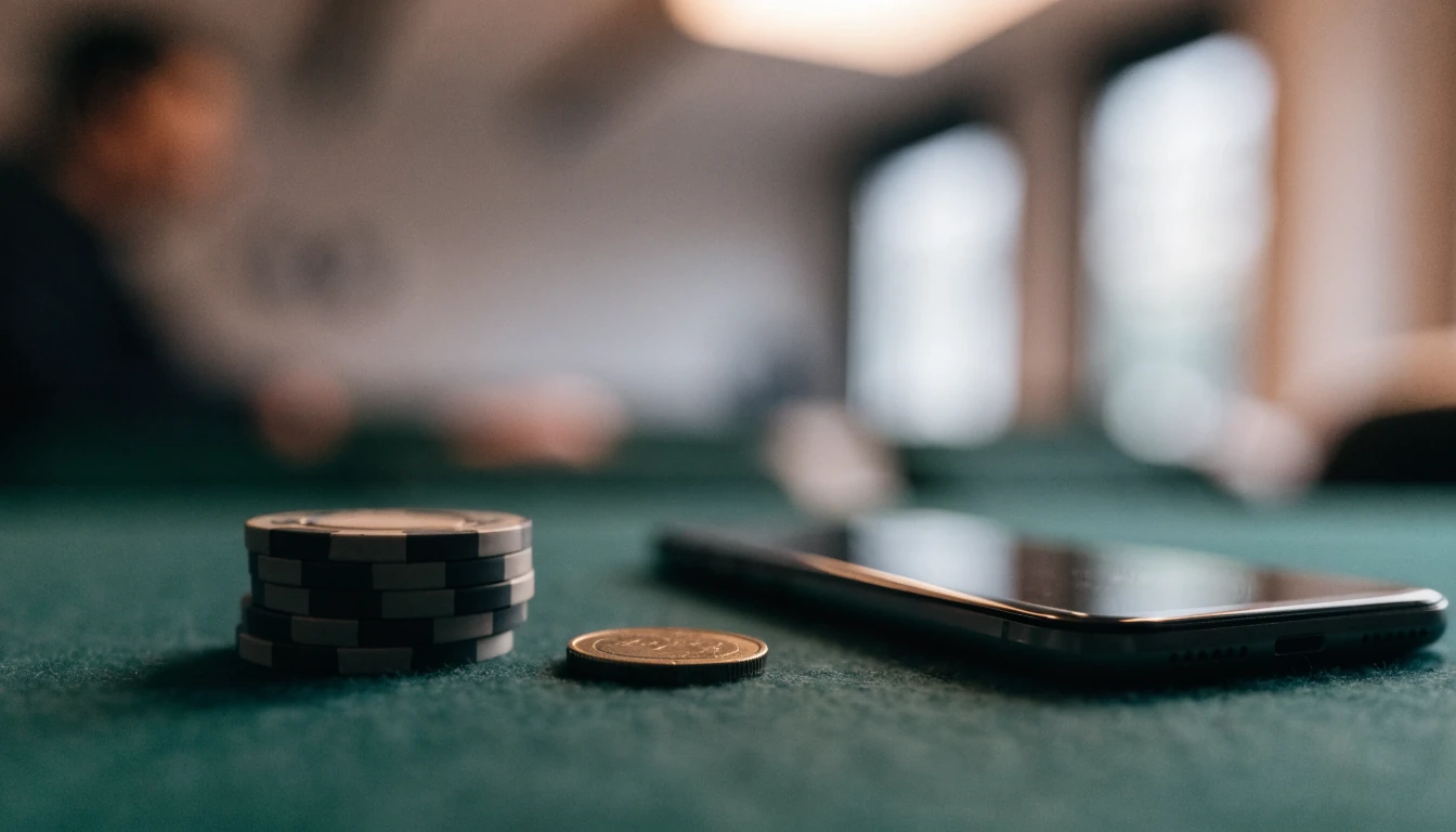Kleiner Stapel Casino-Chips mit einer Euromünze auf grünem Filztisch neben einem Smartphone