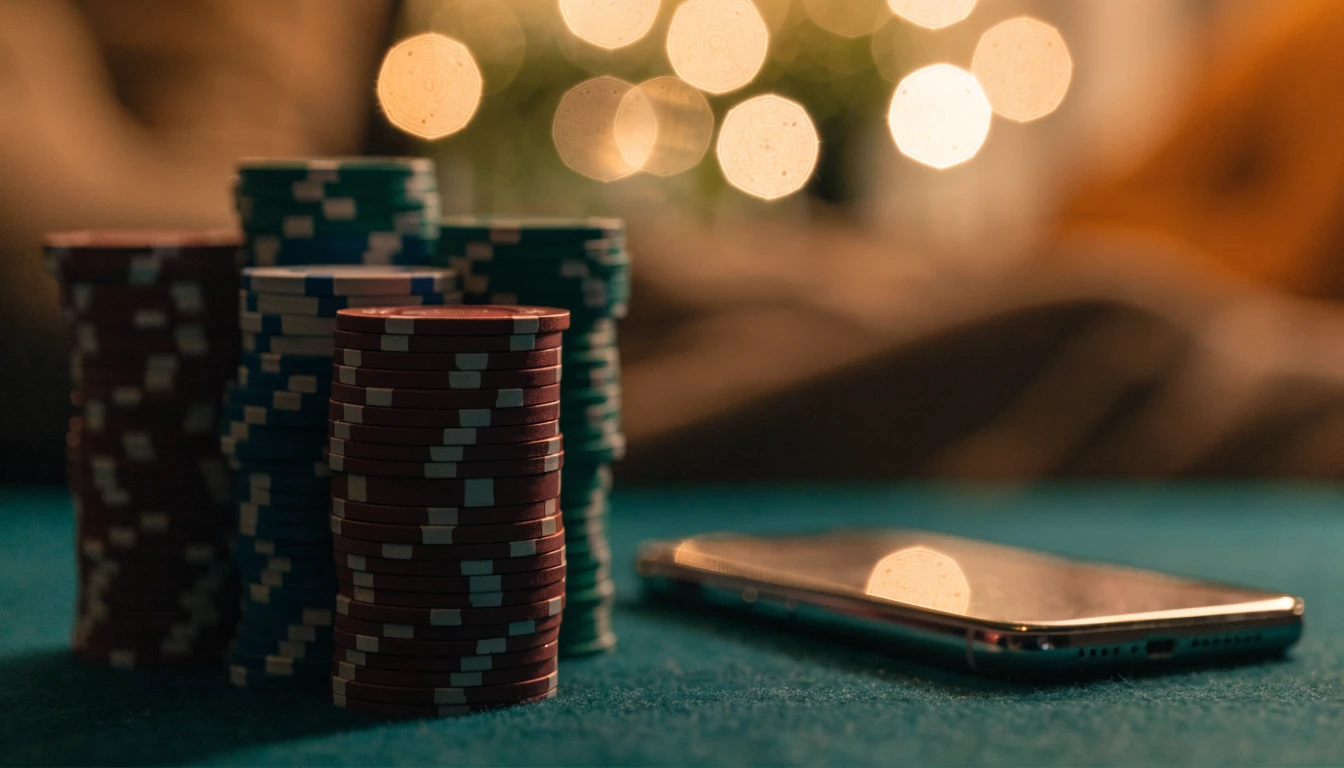 Gestapelte Casino-Chips auf grünem Filz neben einem Smartphone, warmes Licht