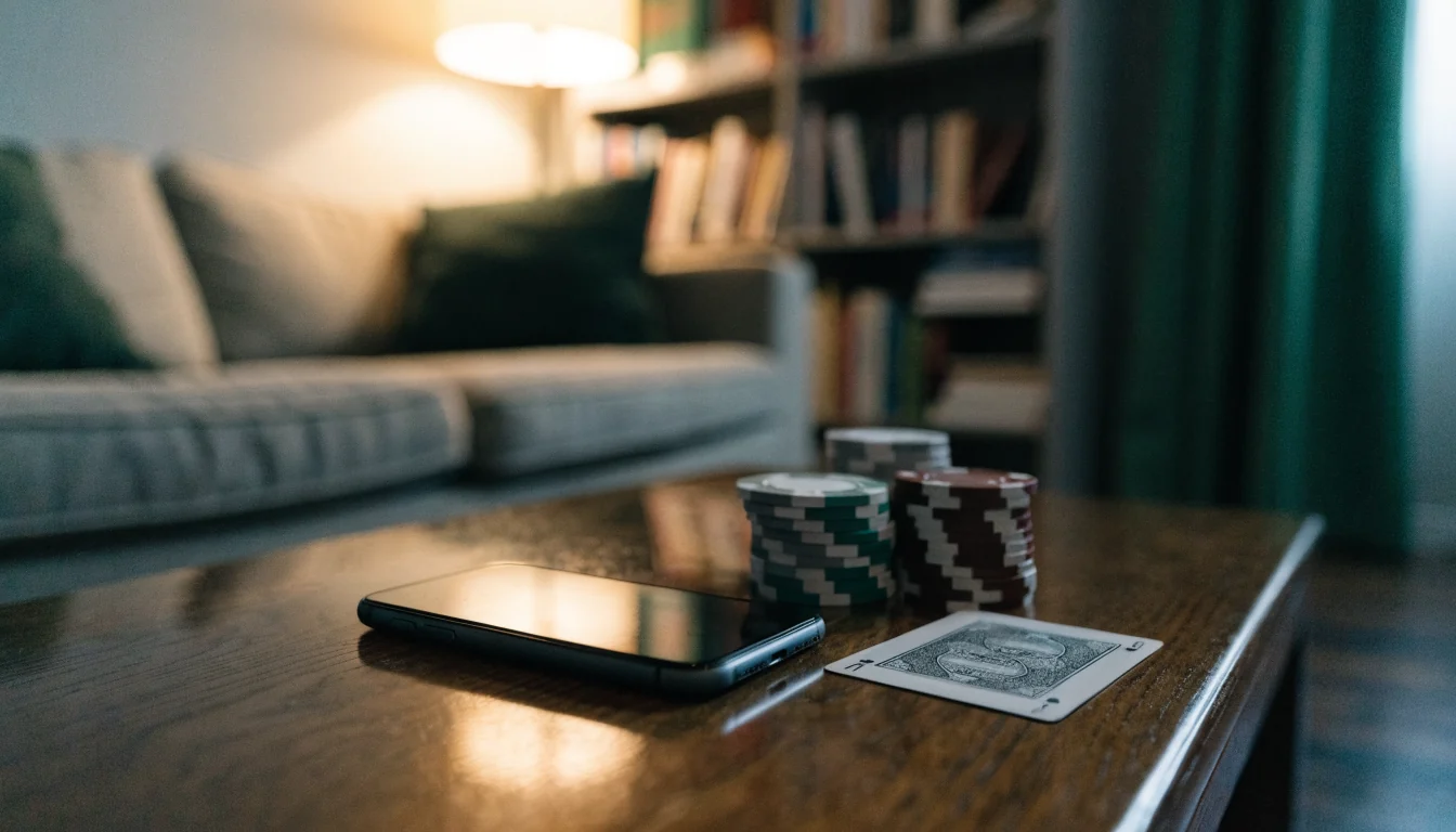 Smartphone neben Pokerchips und Spielkarte auf einem Holztisch im Wohnzimmer