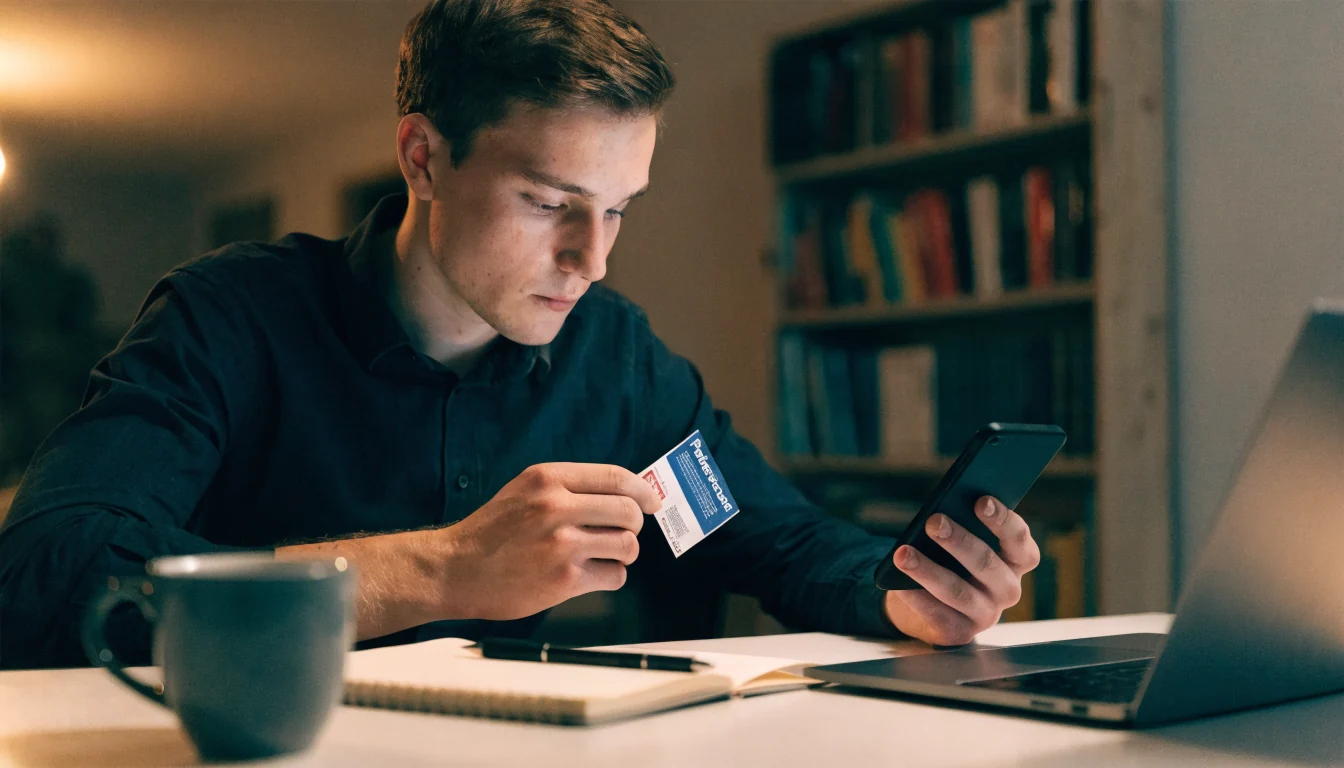 Junger Mann am Schreibtisch mit Paysafecard und Smartphone