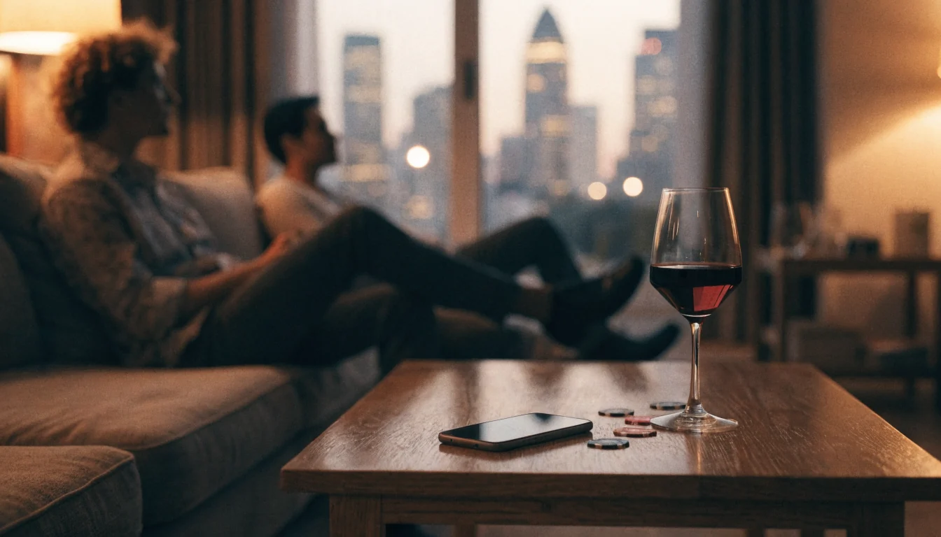 Abendliche Szene mit Smartphone, Weinglas und Casino-Chips auf einem Couchtisch.