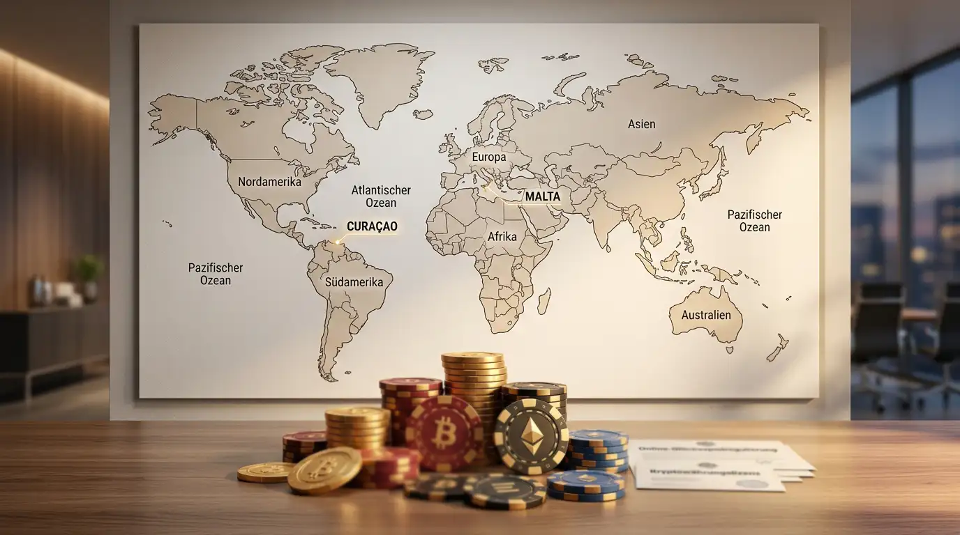 Weltkarte mit Curaçao und Malta markiert, Casino-Chips und Kryptowährungs-Symbole