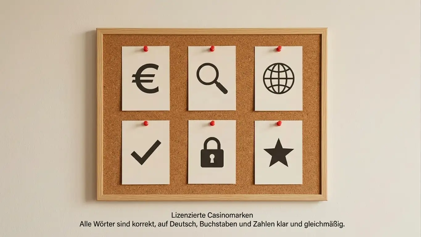 Sechs Casino-Logotafeln auf einer Pinnwand mit Lizenz-Schildern für Malta, UK und Curaçao