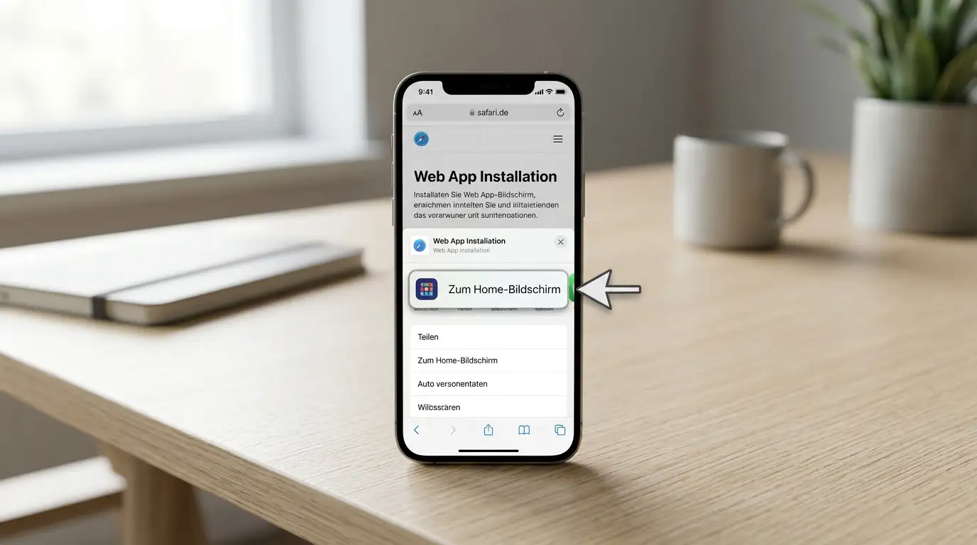 iPhone mit Safari-Browser zeigt PWA-Installation auf dem Home-Screen