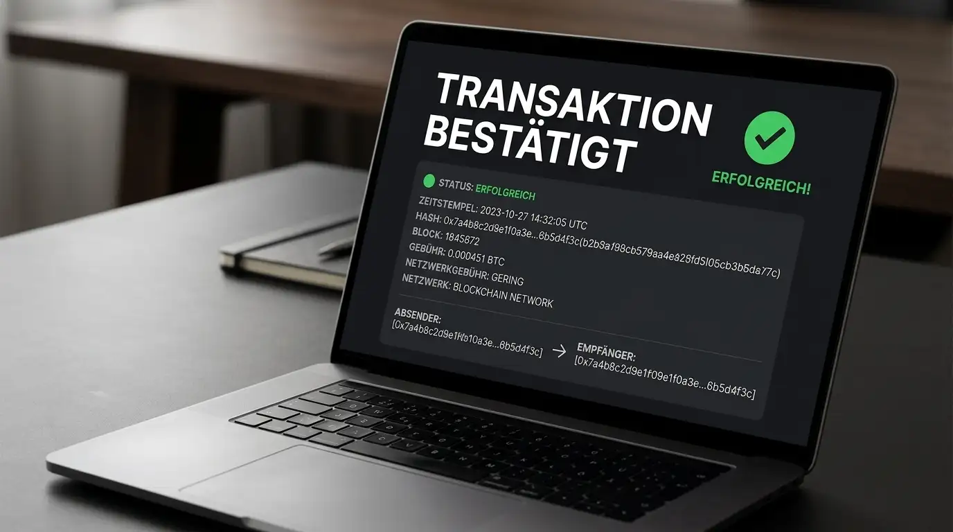 Zahlung per Kryptowährung am Laptop: Blockchain-Transaktion mit Wallet-Adresse und Statusanzeige