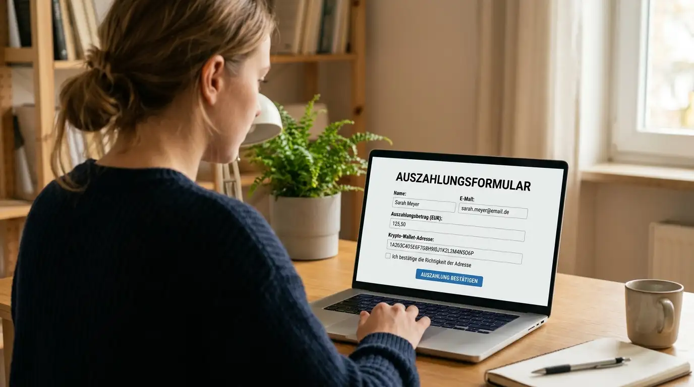 Krypto-Casino-Schnittstelle auf Laptop: Auszahlungsformular mit Wallet-Adresse ohne Ausweis-Upload-Feld