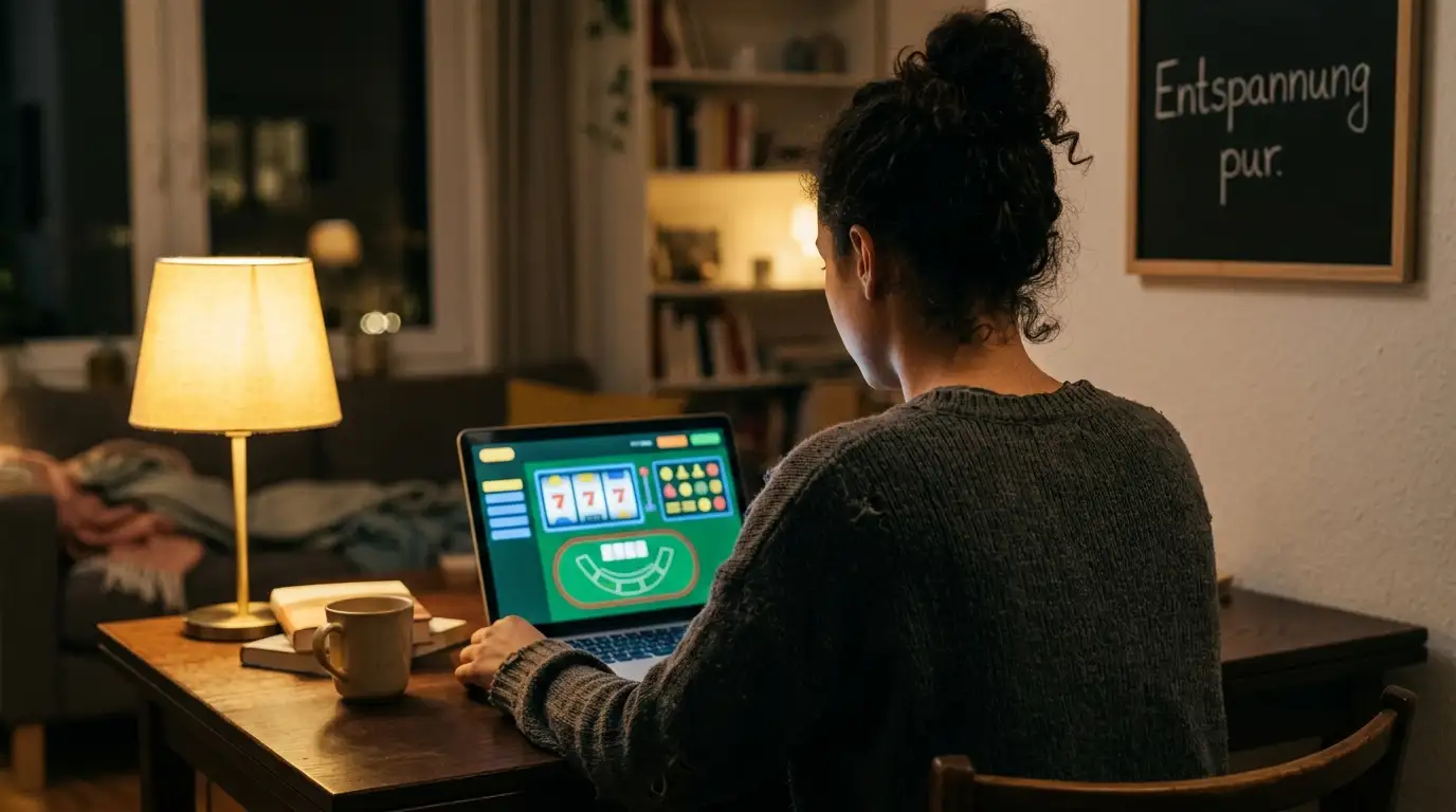 Spieler am Laptop mit Slot- und Live-Casino-Oberfläche ohne Markenlogos