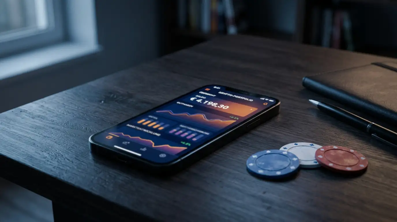 Smartphone mit Krypto-Wallet neben Spielchips ohne Wertangabe
