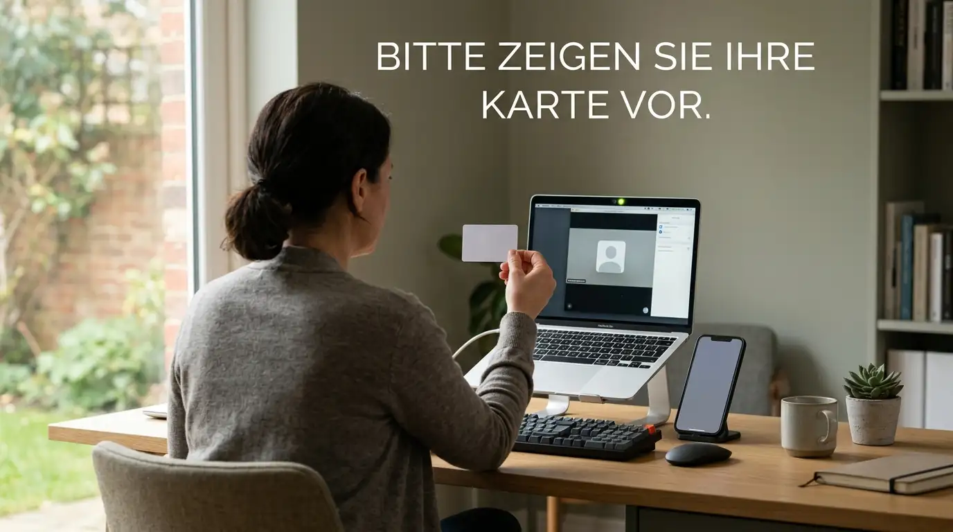 Person lädt Ausweisdokumente für die Verifizierung am Laptop hoch