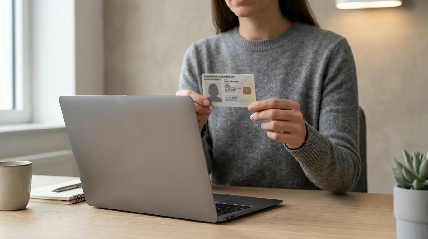 Person hält einen deutschen Personalausweis vor eine Laptop-Kamera für einen Video-Ident-Prozess, neutraler Hintergrund, ruhige Büroatmosphäre