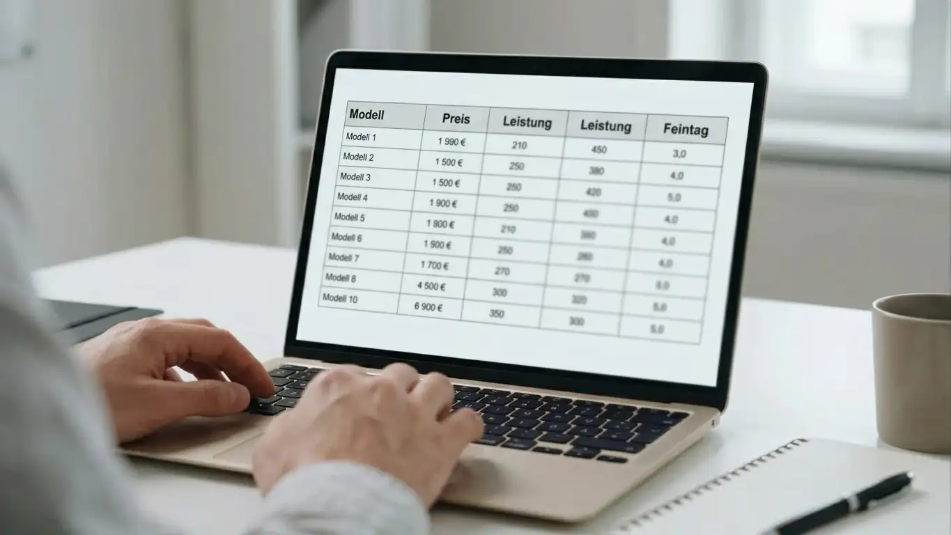 Übersichtstabelle auf einem neutralen Laptop-Bildschirm zeigt Spalten für Anbieter-Vergleich — ohne sichtbare Logos oder Markennamen