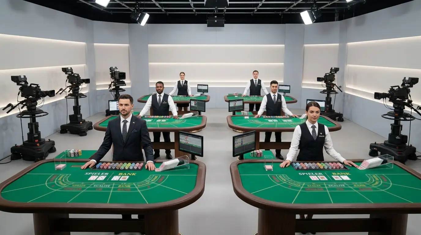 Mehrere Live-Baccarat-Tische nebeneinander in einem hellen Studio-Setting