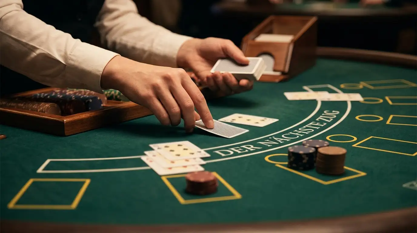 Live-Blackjack-Tisch mit Croupier und aufgedeckten Spielkarten