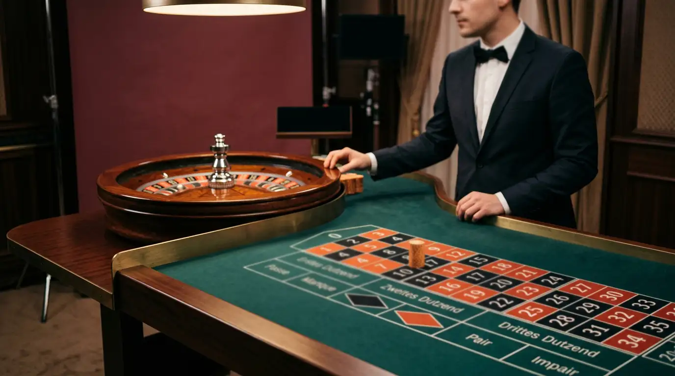 Live-Casino-Studio mit Roulette-Tisch und Croupier in professioneller Atmosphäre