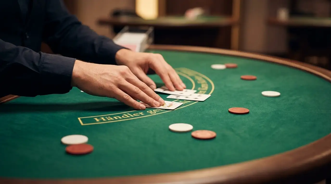 Live-Croupier teilt Karten an einem Pokertisch im Studio per Videostream