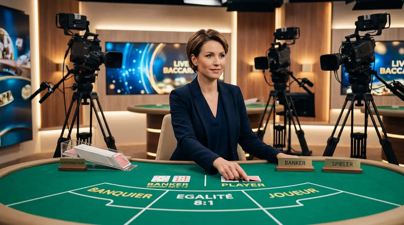 Live-Dealer Punto Banco Studio mit professionellem Croupier, Baccarat-Tisch und Streaming-Kameras