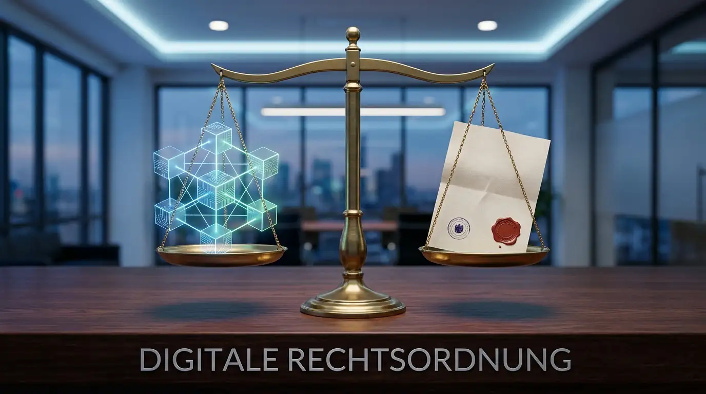 Waage mit Blockchain-Symbolen als Bild für die Lizenz-Abwägung zwischen deutscher Regulierung und Curaçao