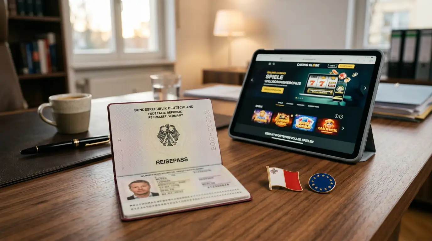 Aufgeschlagener deutscher Reisepass neben Tablet mit Casino-Website, Malta-Flaggen-Pin und EU-Sterne-Symbol auf elegantem Schreibtisch, warmes Bürolicht, konzeptionelle Produktfotografie ohne Text-Overlays