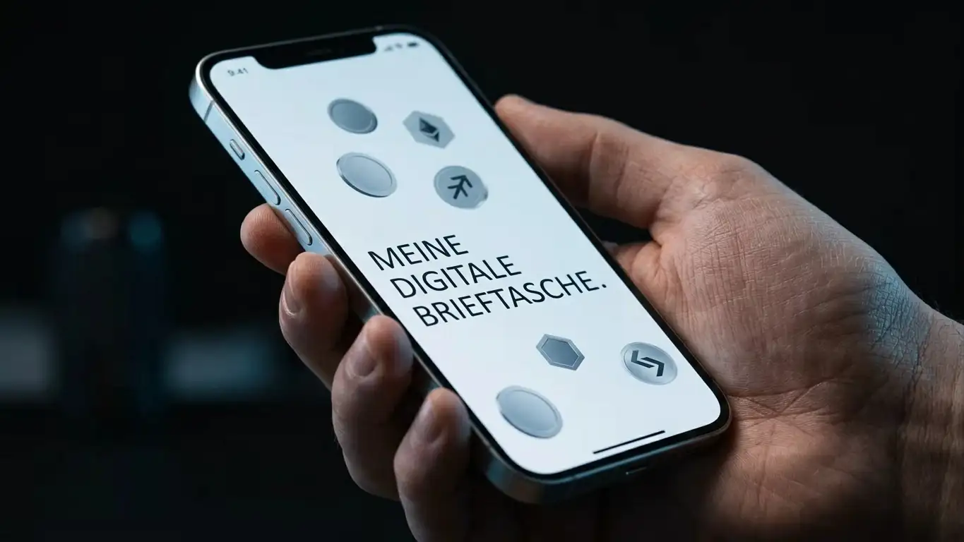 Nahaufnahme eines Smartphones mit geöffneter Krypto-Wallet-Oberfläche und mehreren Münzsymbolen auf dunklem Untergrund