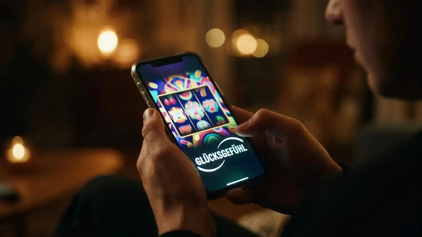 Person hält ein Smartphone mit farbenfrohem Spielautomaten-Bildschirm in abgedunkeltem Raum