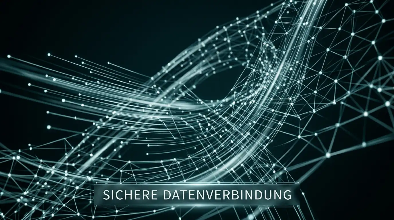 Abstrakte Visualisierung eines Blockchain-Netzwerks mit leuchtenden Knotenpunkten und Verbindungslinien vor dunklem Hintergrund