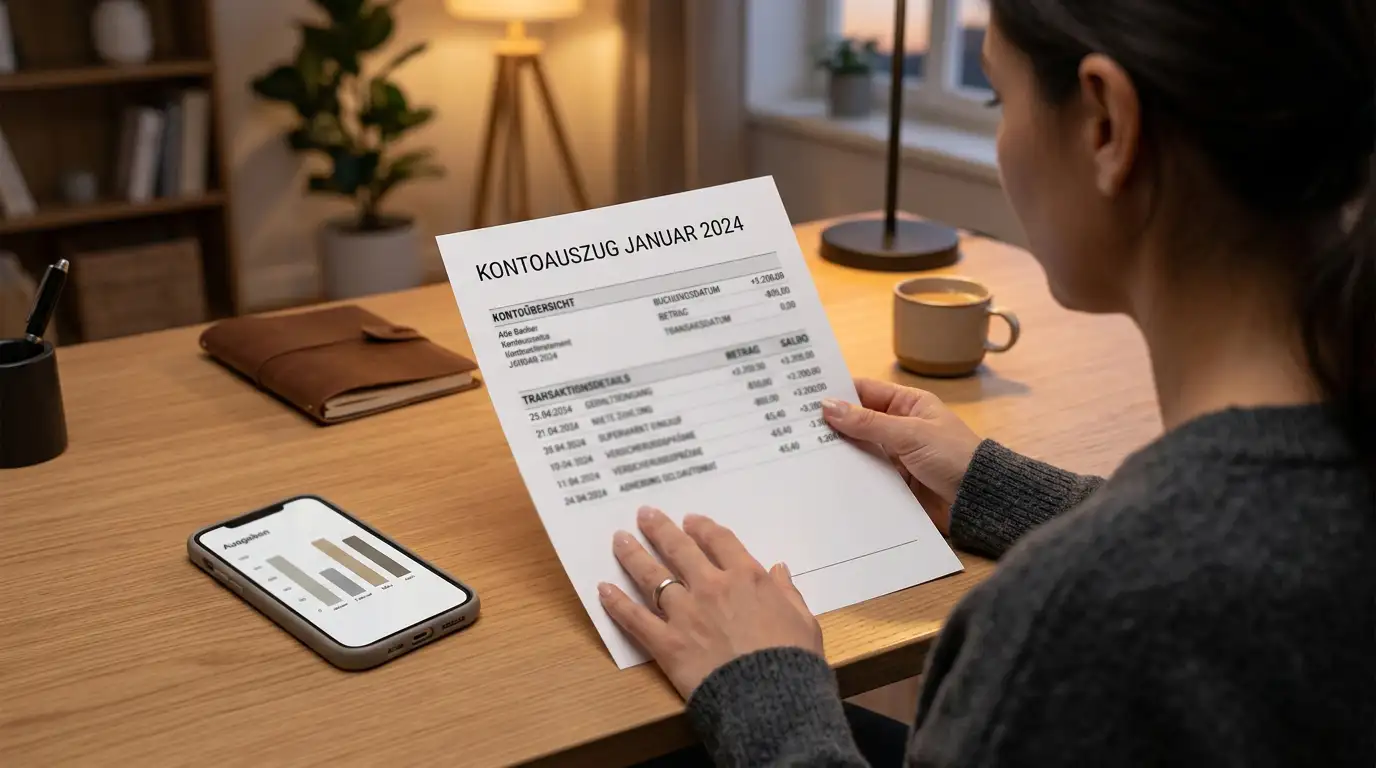 Person am Schreibtisch prüft eine monatliche Kontoübersicht auf einem neutralen Tablet — symbolisch für das LUGAS-Einzahlungskontingent im deutschen Online-Glücksspiel