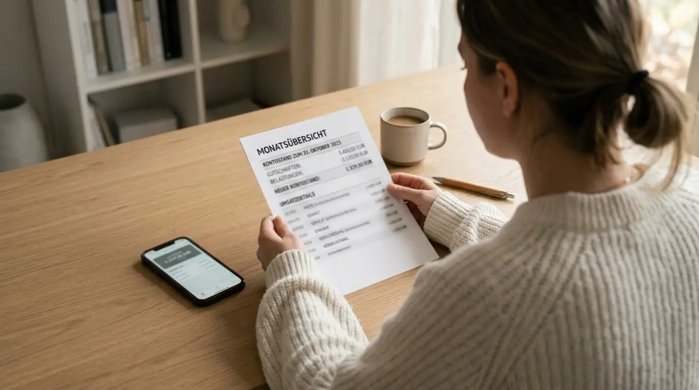 Person an einem Schreibtisch prüft ein gedrucktes Monatsdokument, daneben ein Smartphone mit einer neutralen Banking-App-Oberfläche