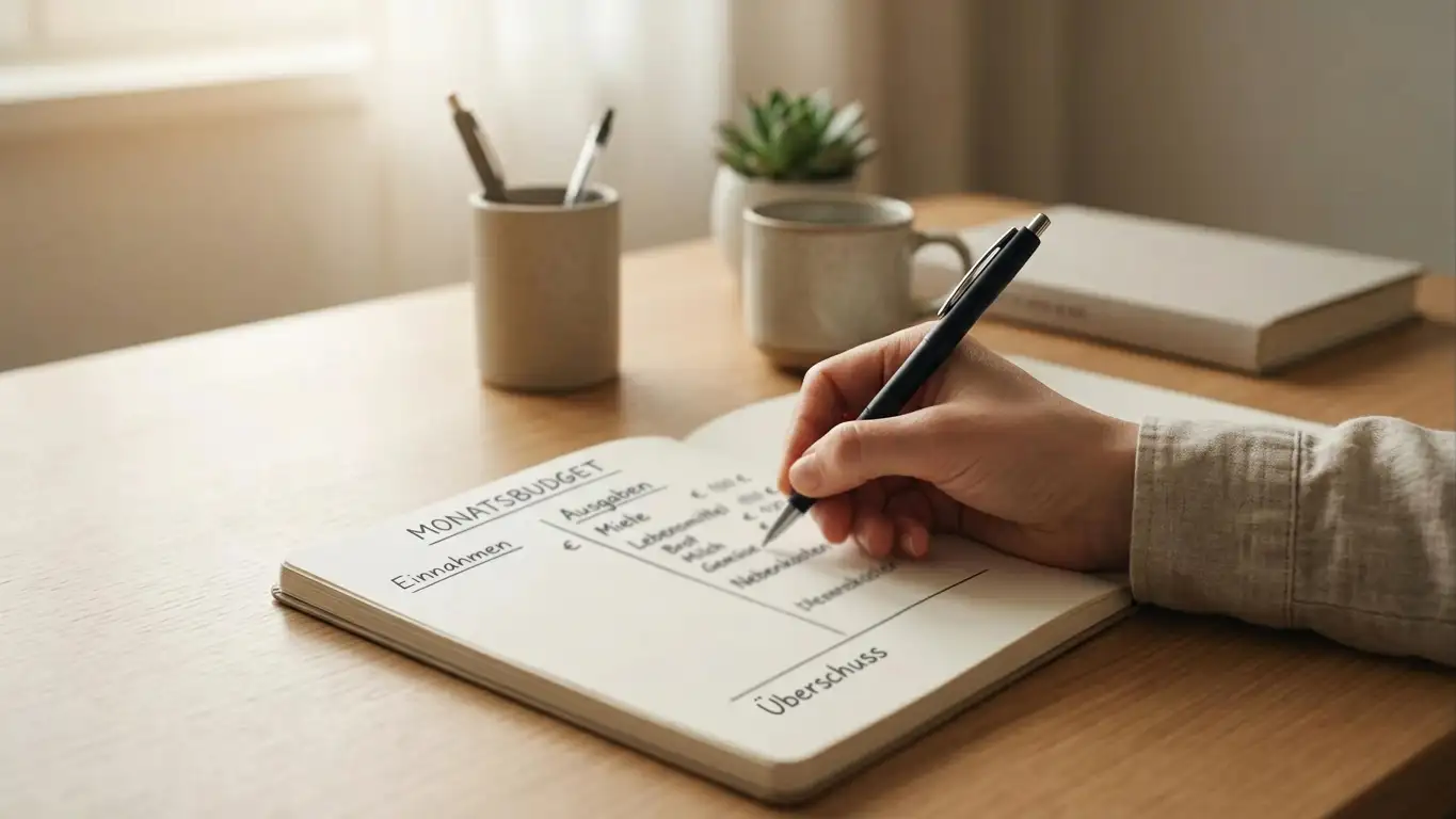 Notizblock mit handschriftlicher Budgetplanung zum monatlichen Einzahlungslimit