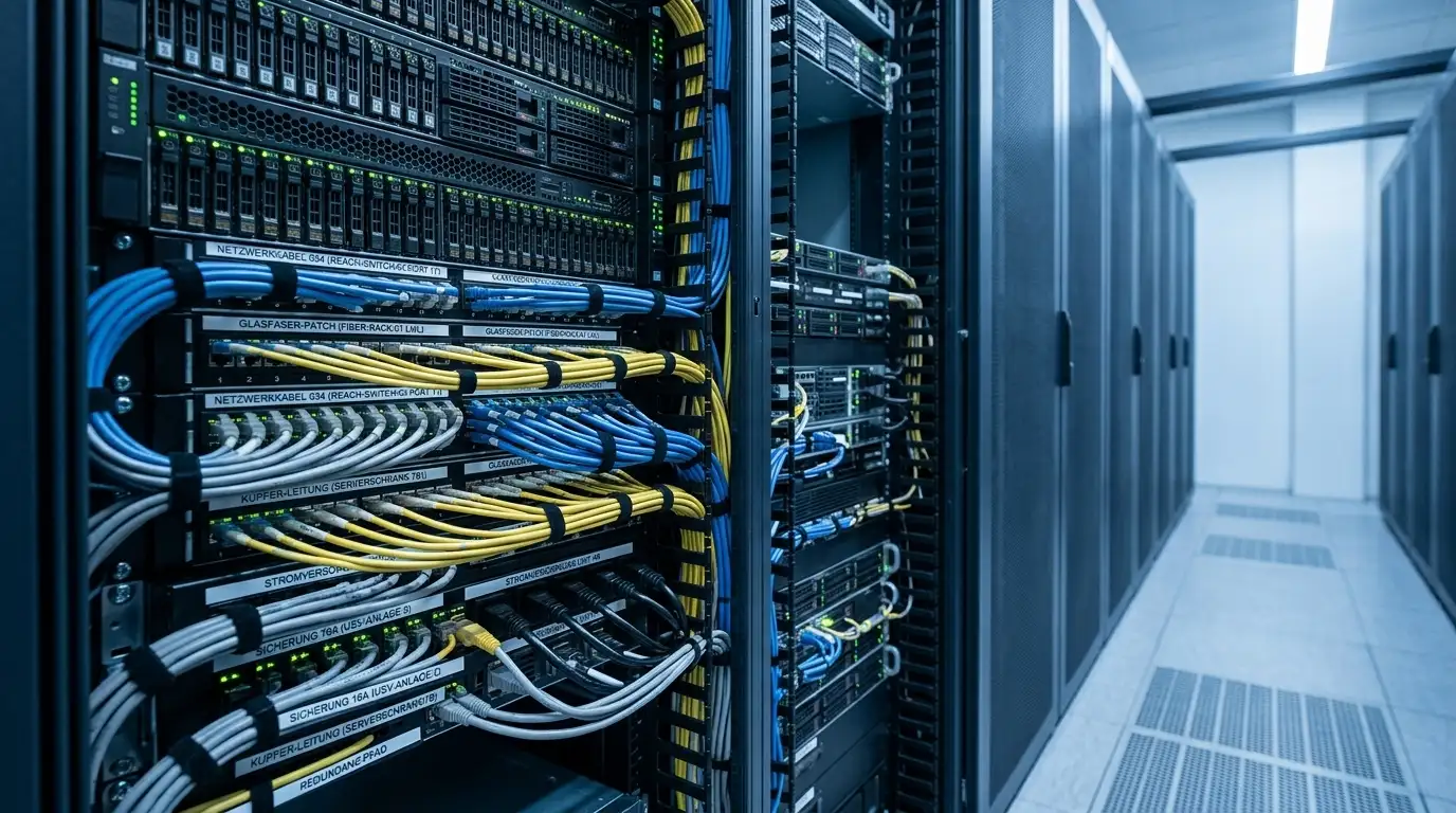 Server-Rack mit verschalteten Datenleitungen als Sinnbild der zentralen Limitdatei