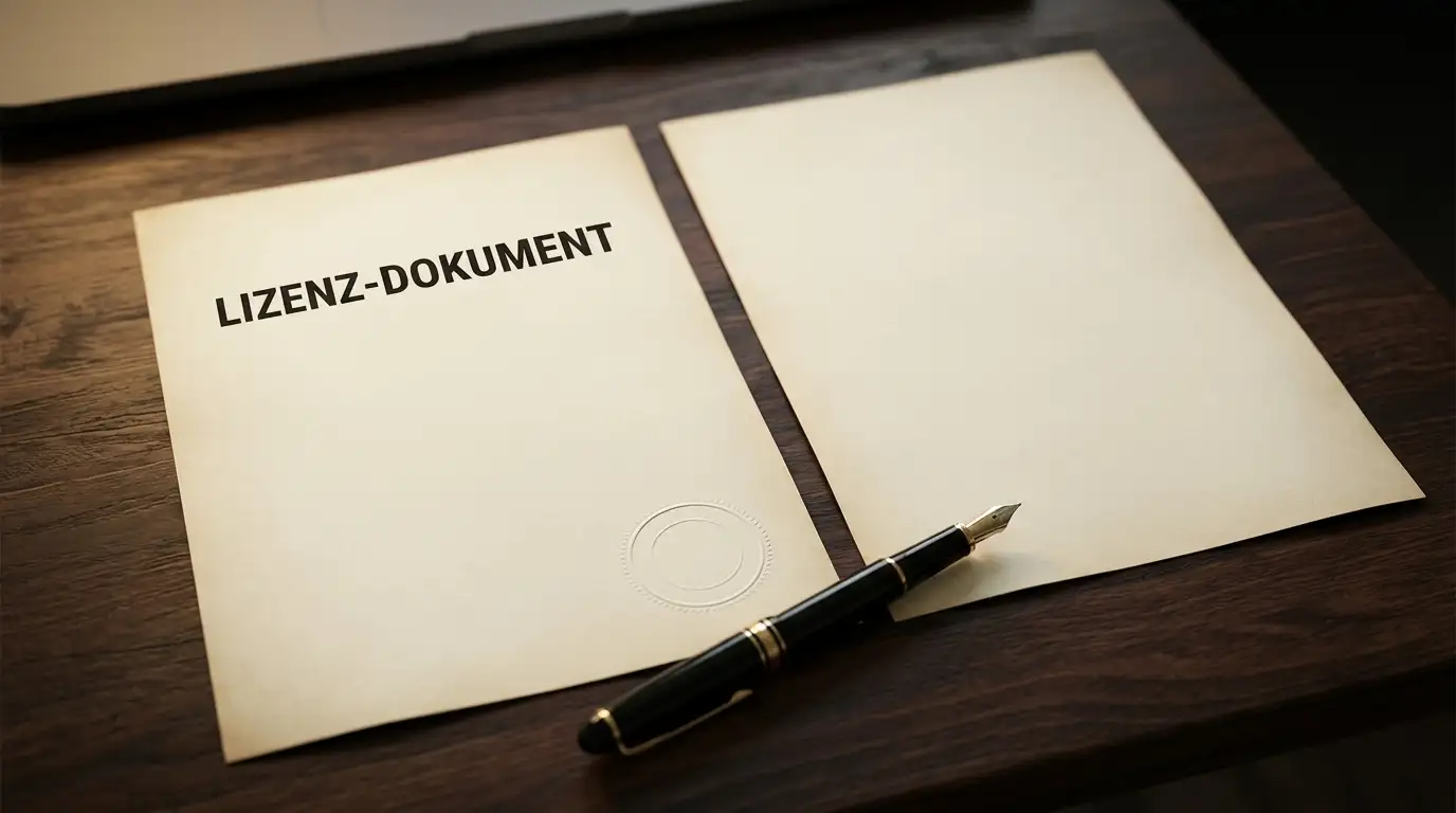 Zwei neutrale Lizenzdokumente mit Prägesiegel nebeneinander auf einem dunklen Holztisch
