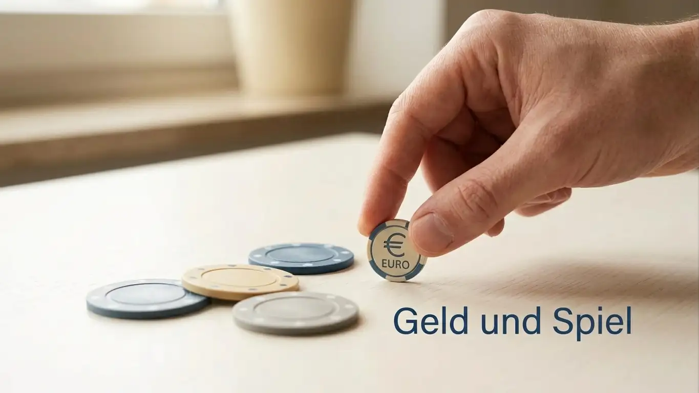 Hand mit 10-Euro-Schein und ein paar Spielchips, neutrale Tischplatte