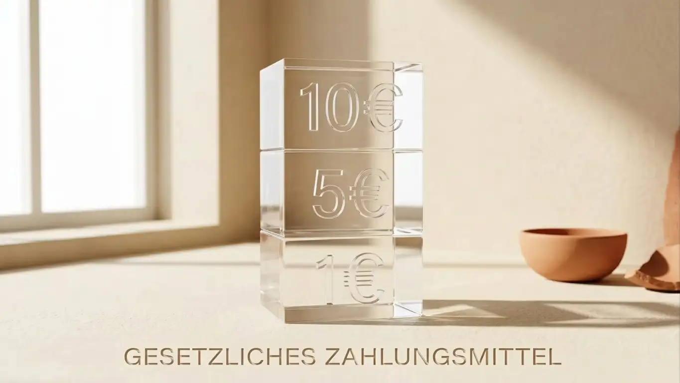 Drei gestapelte transparente Acryl-Blöcke zeigen gravierte Zahlen 1€, 5€ und 10€, vor warmem cremefarbenem Hintergrund, minimalistisches Studio-Setup mit sanftem Schattenwurf, editorial clean