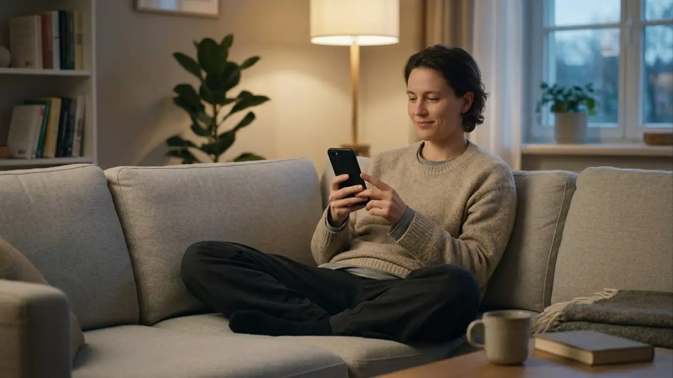 Person auf dem Sofa hält ein Smartphone mit neutraler Bezahloberfläche für die mobile Einzahlung