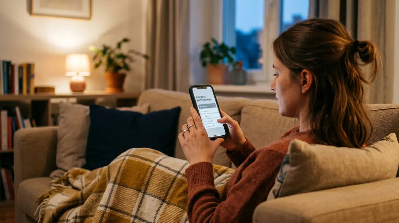 Person auf dem Sofa hält ein Smartphone mit neutraler Bezahloberfläche für die mobile Einzahlung