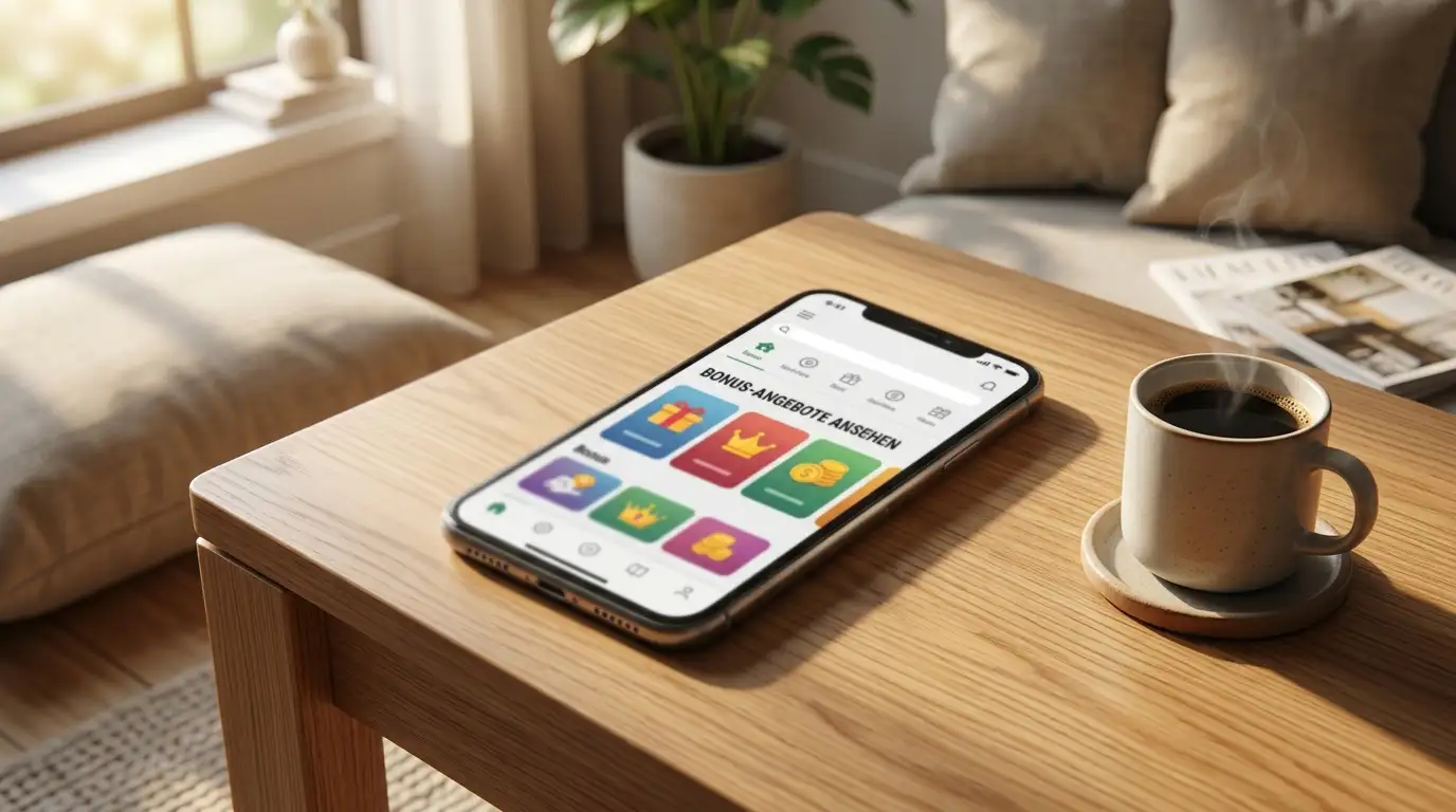 Smartphone mit geöffneter Online-Casino-Seite auf einem Couchtisch