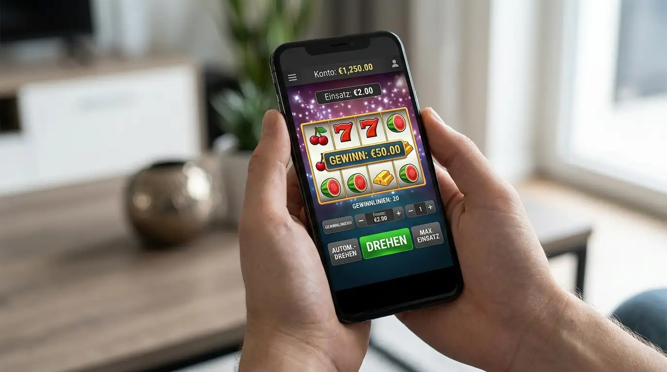 Person spielt Casino-Demo auf Smartphone im Portrait-Modus