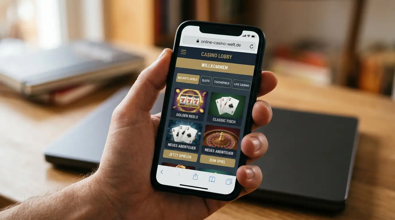 Smartphone mit Casino-Oberfläche im Browser und Verbindungssymbolen