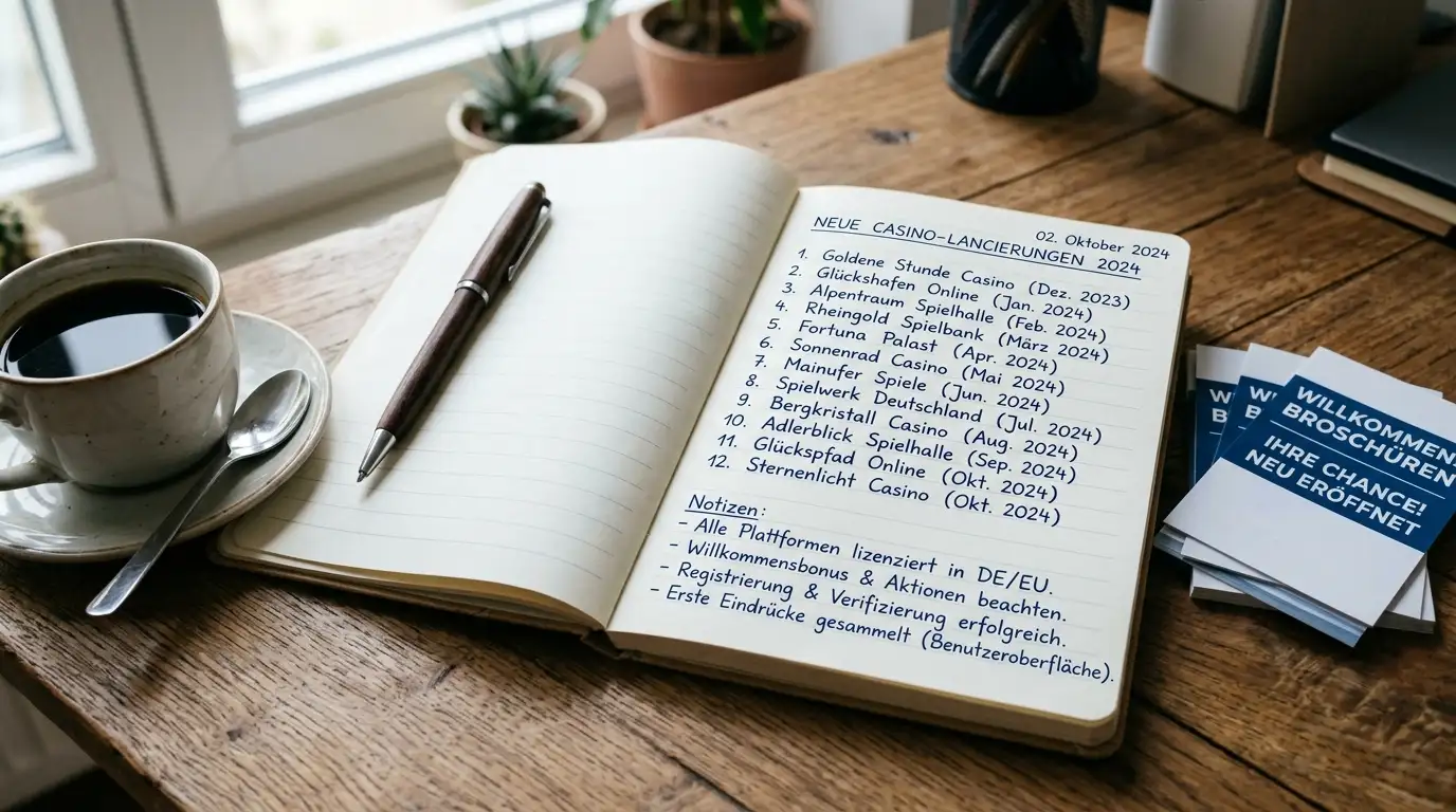 Stapel neuer Casino-Logos auf einem Schreibtisch neben einem aufgeschlagenen Notebook