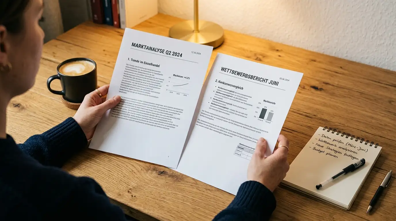 Hände vergleichen zwei gedruckte Dokumente auf einem Schreibtisch mit Notizbuch daneben