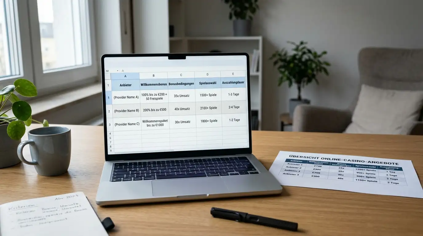 Schreibtisch mit Laptop und geöffneter Vergleichsliste für neue Online-Casinos
