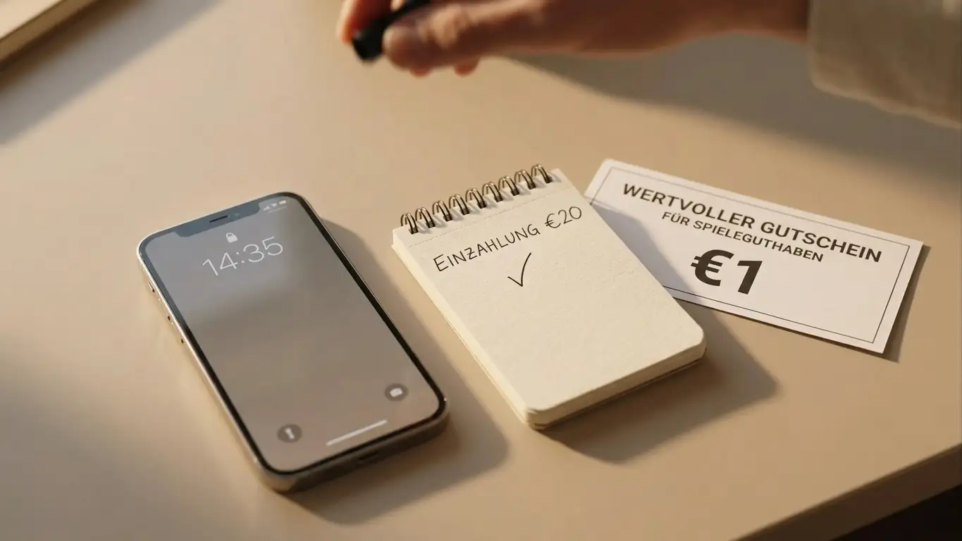 Smartphone mit Bonusguthaben-Anzeige und danebenliegendem Free-Spin-Beleg auf einem Notizblock