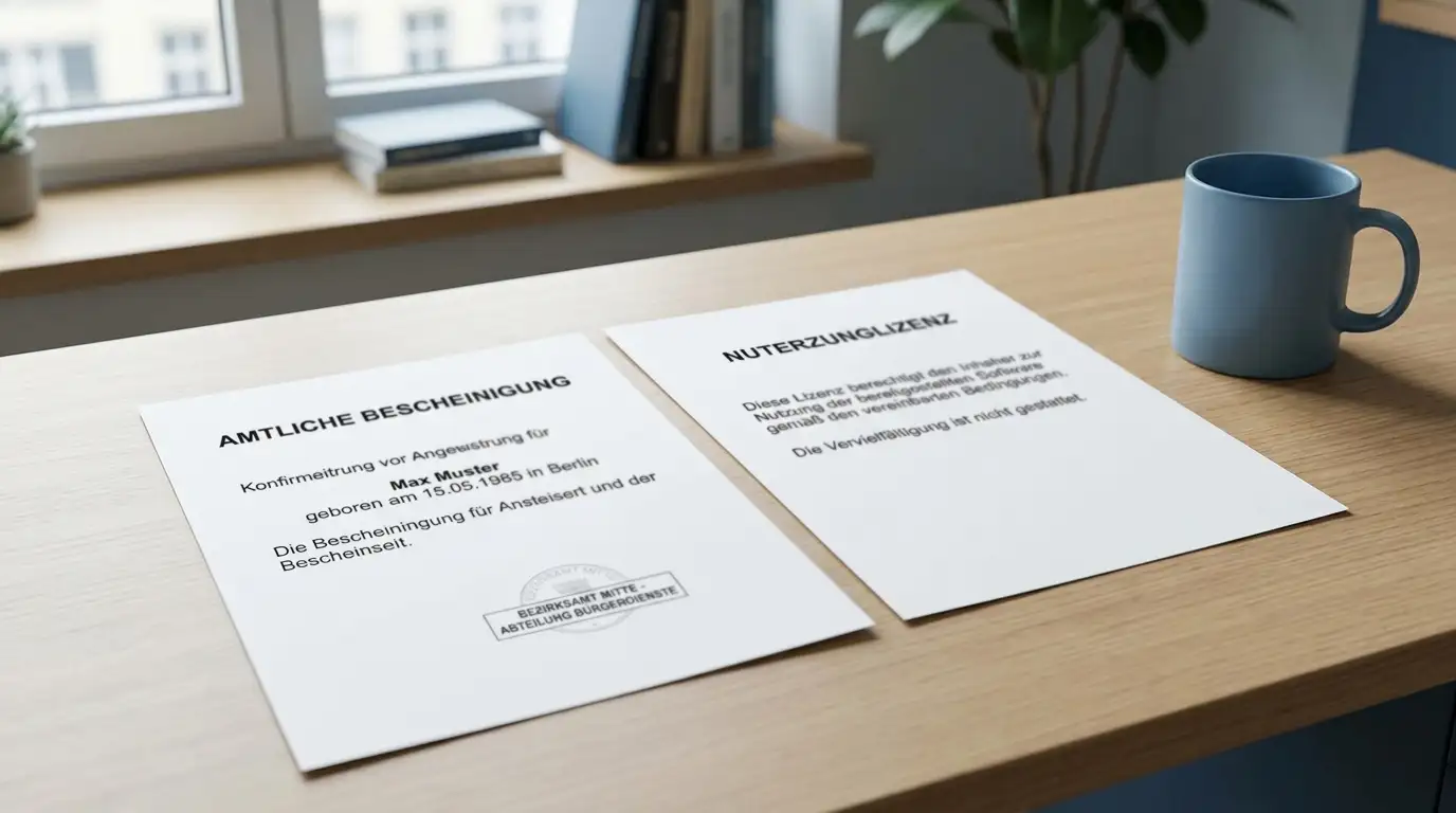 Zwei Rechtstexte auf einem Schreibtisch, OASIS und ausländische Lizenz werden getrennt