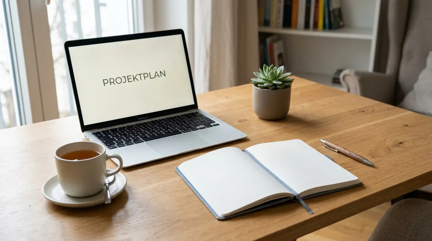 Heller Schreibtisch mit Laptop, Notizbuch und Tasse Tee als Symbol für ein Casino im Browser