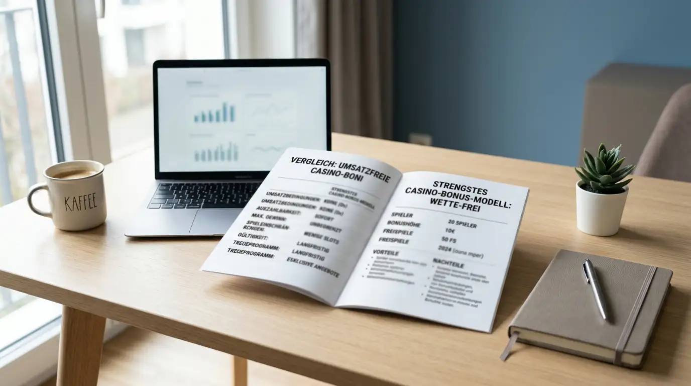 Heller Schreibtisch mit Laptop, geöffnetem Bonusvergleichsdokument und Notizbuch zu Wager-Free-Casinos