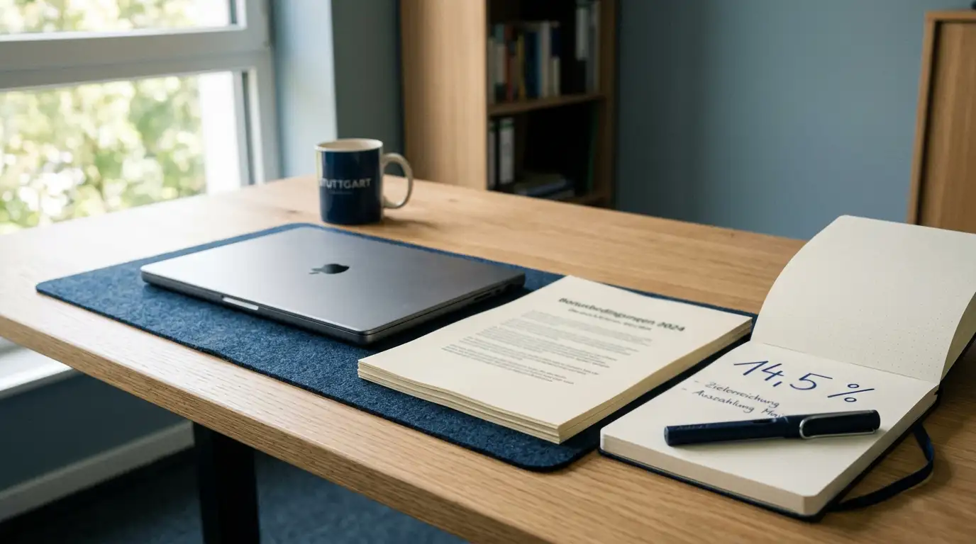 Ordnung mit Dokumenten, Laptop und einem Stapel Spielregeln auf einem deutschen Bürotisch, warmes Tageslicht, keine Logos, keine Geldscheine