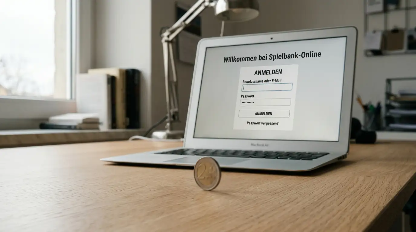 Eine einzelne Euro-Münze vor einem Laptop mit neutralem Online-Casino-Anmeldebildschirm