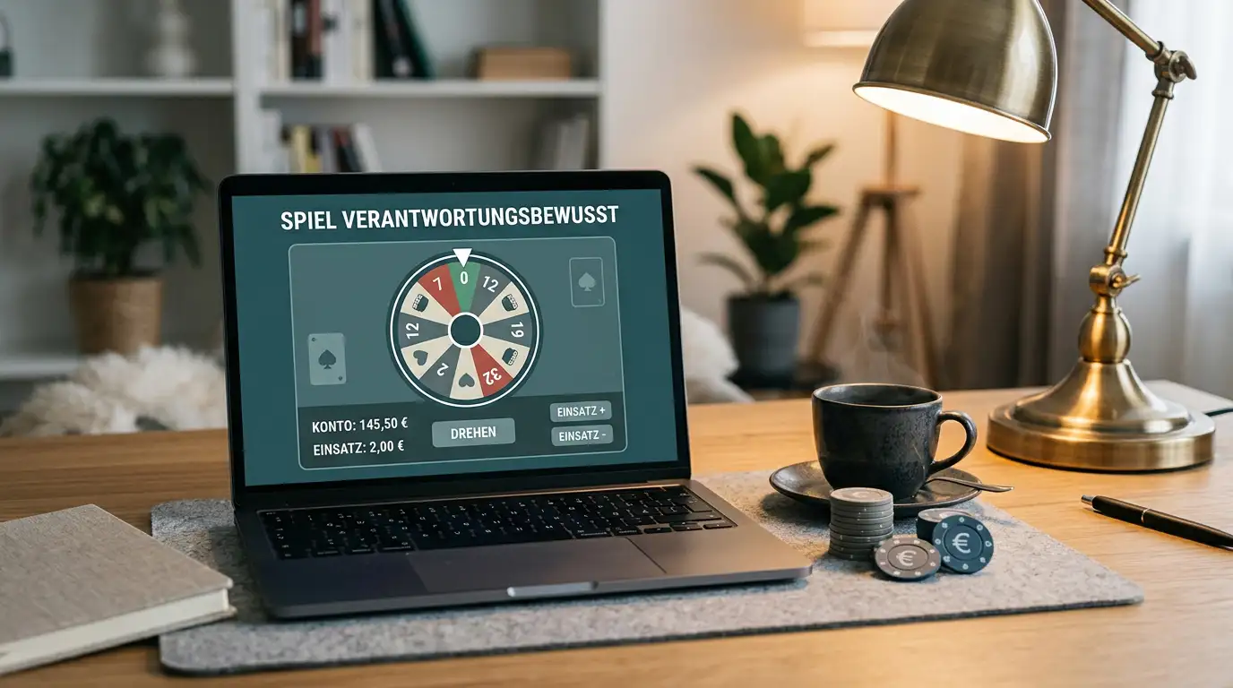 Spielszenario mit Spielautomat auf einem Schreibtisch, symbolische Euro-Münzen, neutraler Hintergrund