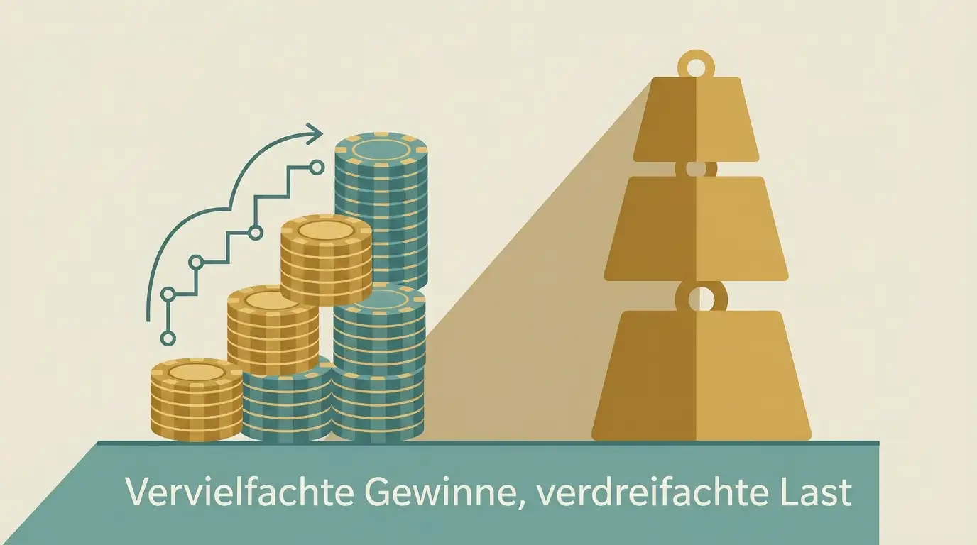 Symbolische Darstellung eines vierfach anwachsenden Spielguthabens neben einer dreifach schwereren Umsatzhürde