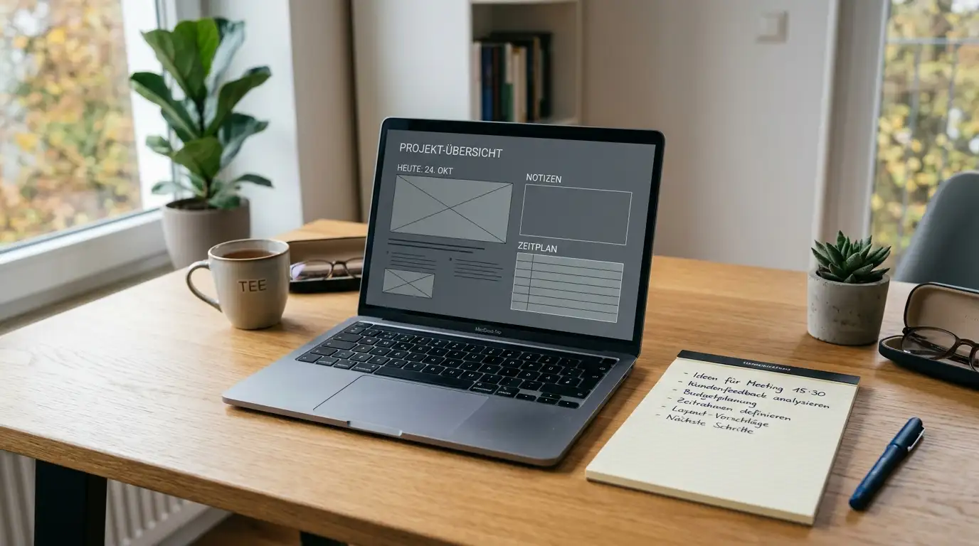 Schreibtisch mit Laptop und Notizblock zum Vergleich von Casinos mit Echtgeld-Startguthaben