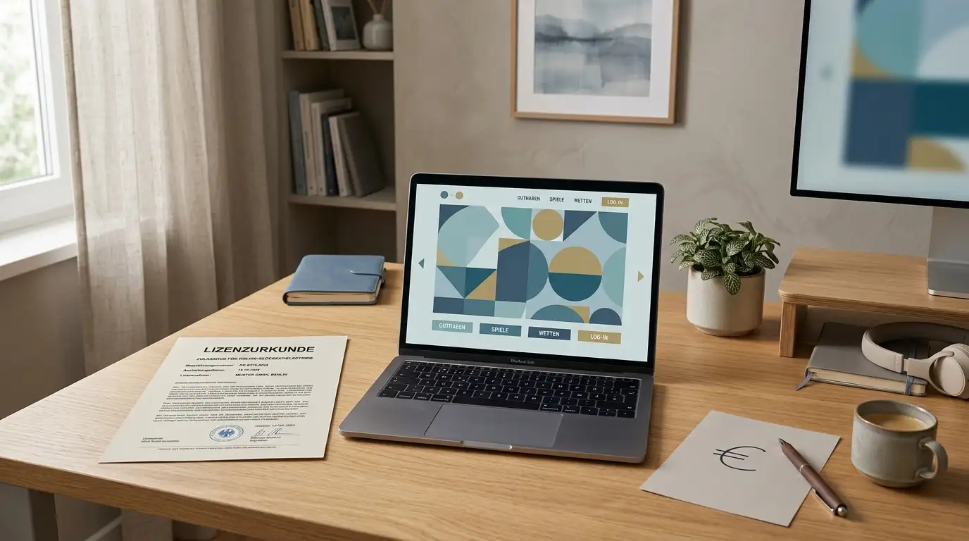 Neutrale Schreibtischszene mit Lizenzdokument und Laptop ohne Markenlogo